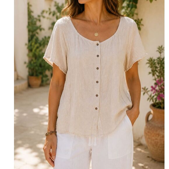 Flower & Feather Tops - 2 For $20 Boho Gauze Button Front Blouse 2XL 3XL Neutral Crinkle Cottage Top